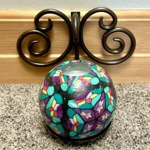 Round Mosaic Patterned Candle w/ Black Wrought Iron Scroll Wall Decor